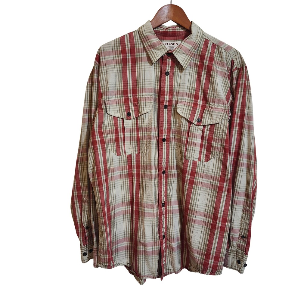 Filson Washed Feather Cloth River Rock Plaid Button Up Shirt Mens Large Red Tan